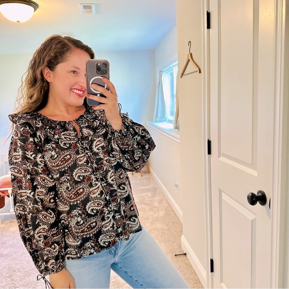 NWT CLEOBELLA Black Gold Cotton Long Sleeve Floral Blouse Top XS